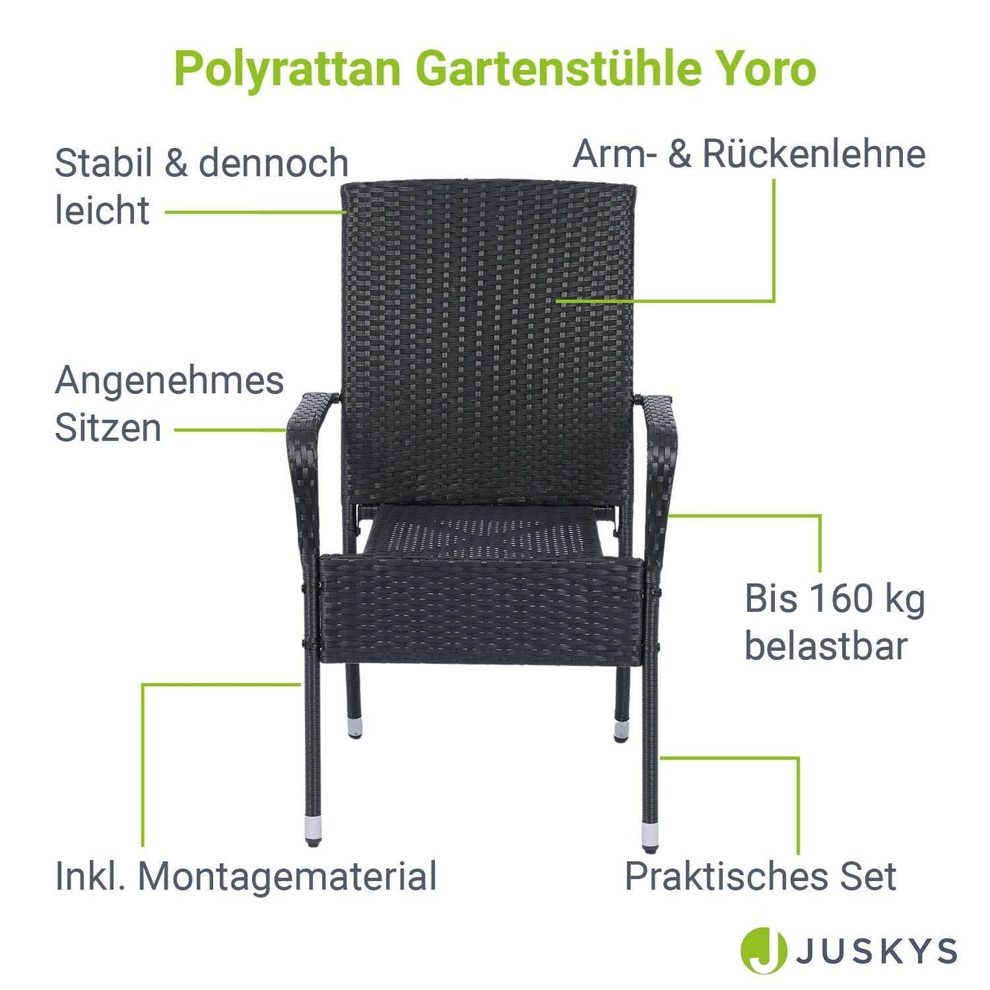 Polyrattan Gartenstühle Yoro 4er Set Schwarz - Palo24