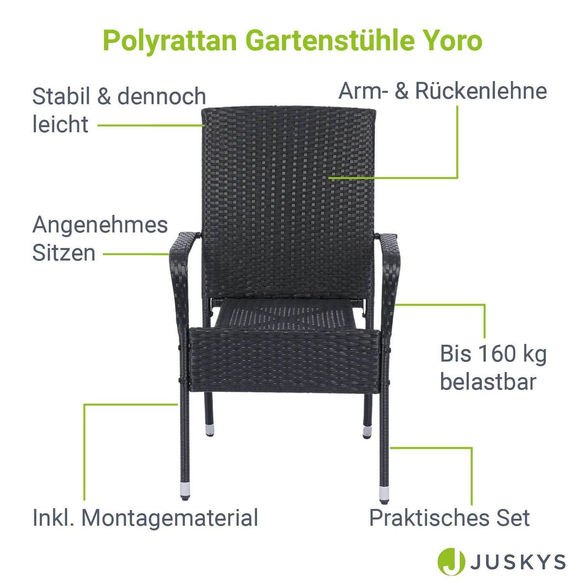 Polyrattan Gartenstühle Yoro 4er Set Schwarz - Palo24