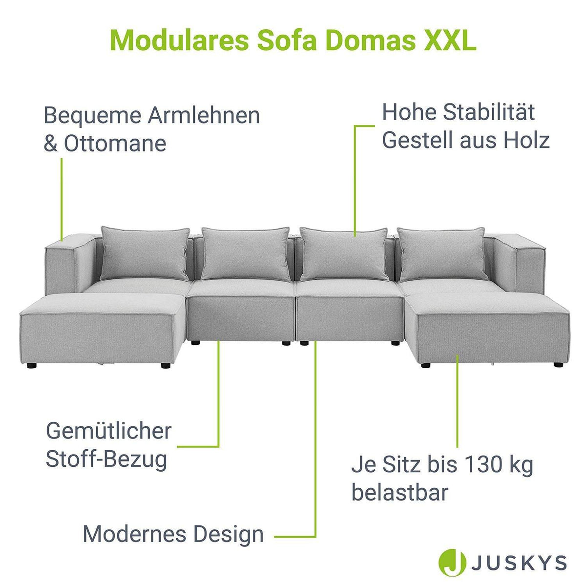 Modulares Sofa Domas XXL - Wohnlandschaft Armlehnen & Kissen - Stoff Hellgrau - Palo24