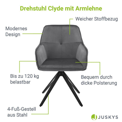 Esszimmerstuhl Drehstuhl Clyde mit Armlehne Samt Dunkelgrau - Palo24