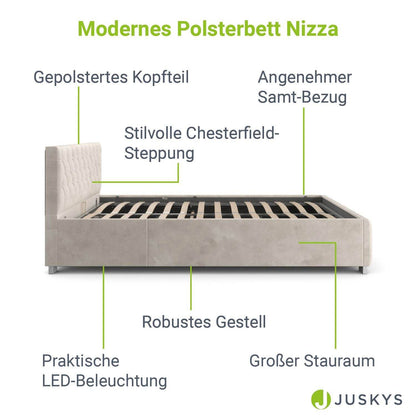 LED Polsterbett Nizza 180x200 cm Bettkasten Beige - Palo24