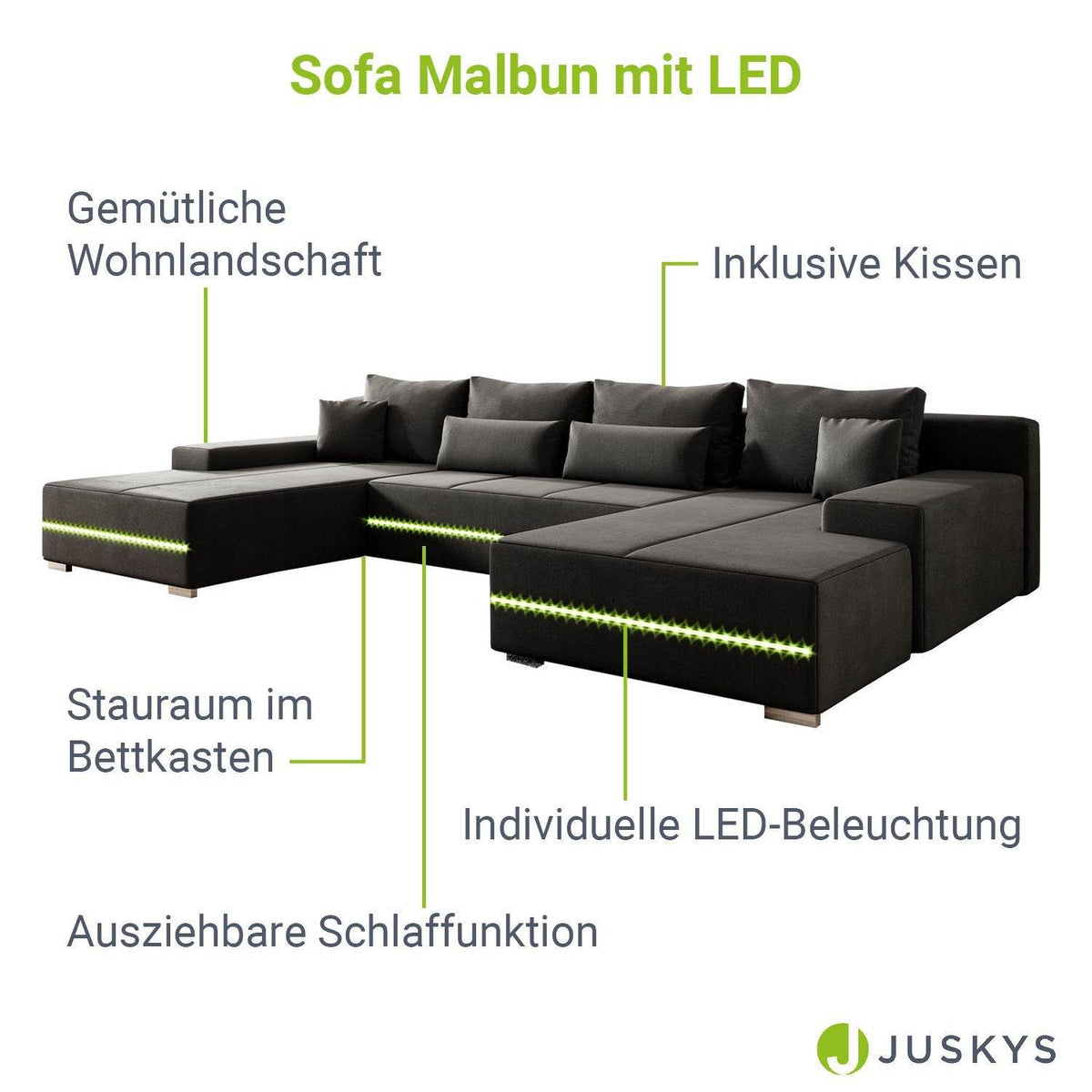 Sofa Malbun mit LEDs & Schlaffunktion Dunkelgrau - Palo24