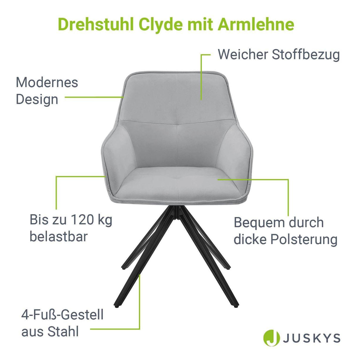 Esszimmerstuhl Drehstuhl Clyde mit Armlehne Samt Hellgrau - Palo24