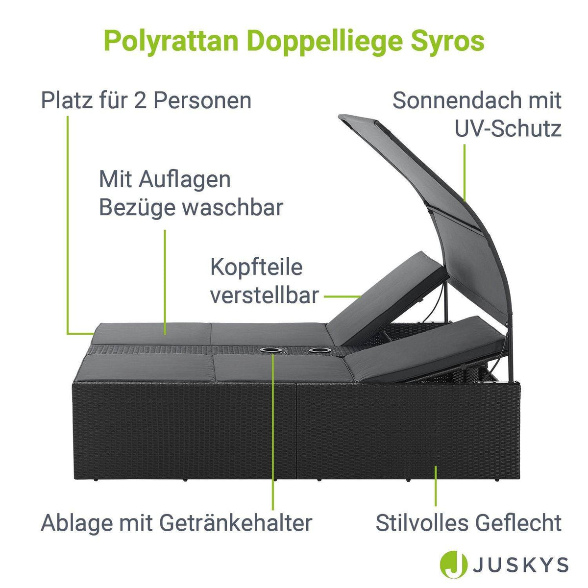 Polyrattan Doppelliege Syros mit Sonnendach - Palo24