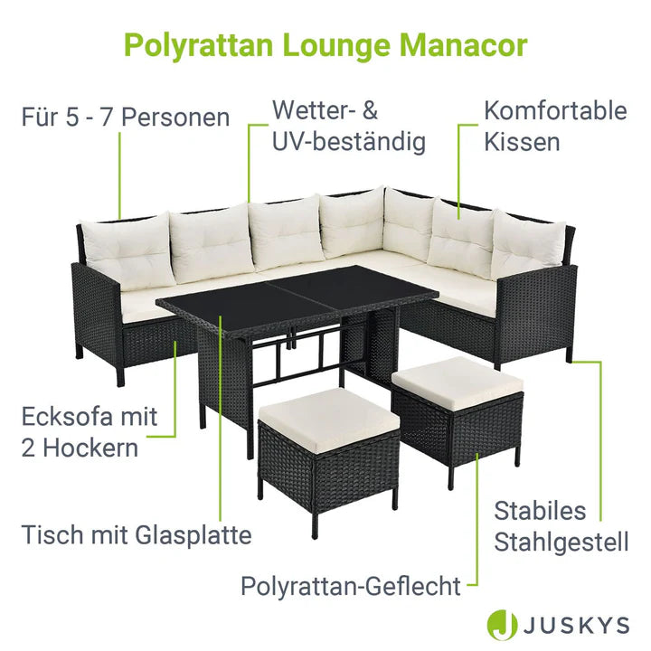 Polyrattan Lounge Manacor Gartenmöbel-Set Schwarz/Creme
