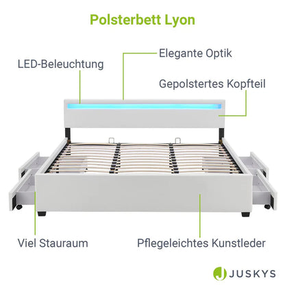 LED Polsterbett Lyon mit Bettkasten 180x200 cm mit Lattenrost weiss - Palo24