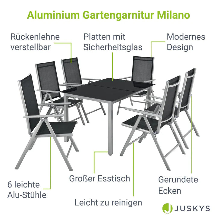 Aluminium Gartengarnitur Milano 7-teilig mit Tisch und 6 Stühlen silbergrau