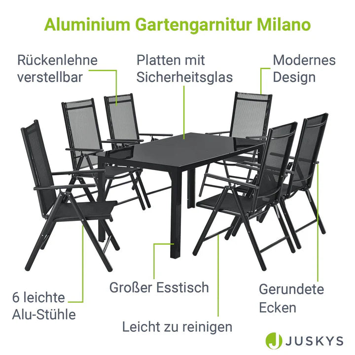 Salon de jardin en aluminium Milano 7 pièces avec table et 6 chaises gris foncé