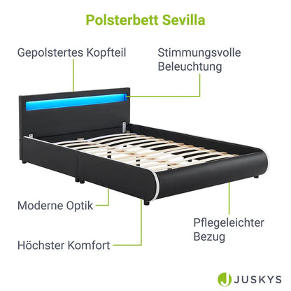 LED Polsterbett Sevilla 140 x 200 cm mit Lattenrost schwarz