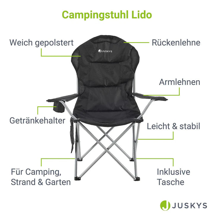 Chaise de camping Lido Noir Chaise pliante rembourrée avec porte-gobelet et sac
