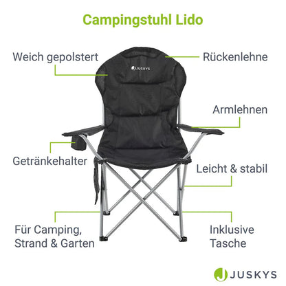 Chaise de camping Lido Noir Chaise pliante rembourrée avec porte-gobelet et sac