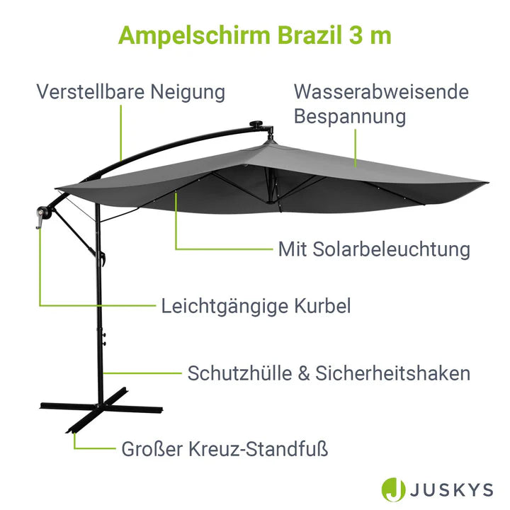 Parasol Brazil Ø 3,0m avec LED, manivelle et base gris foncé