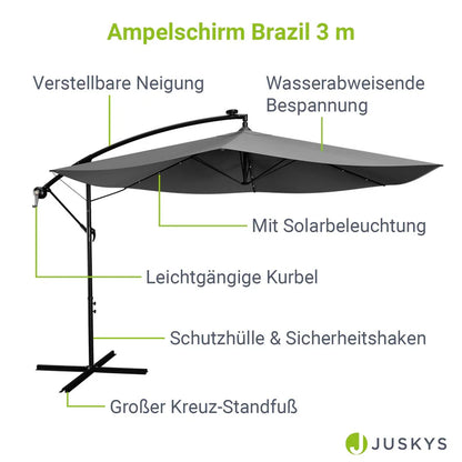 Parasol Brazil Ø 3,0m avec LED, manivelle et base gris foncé