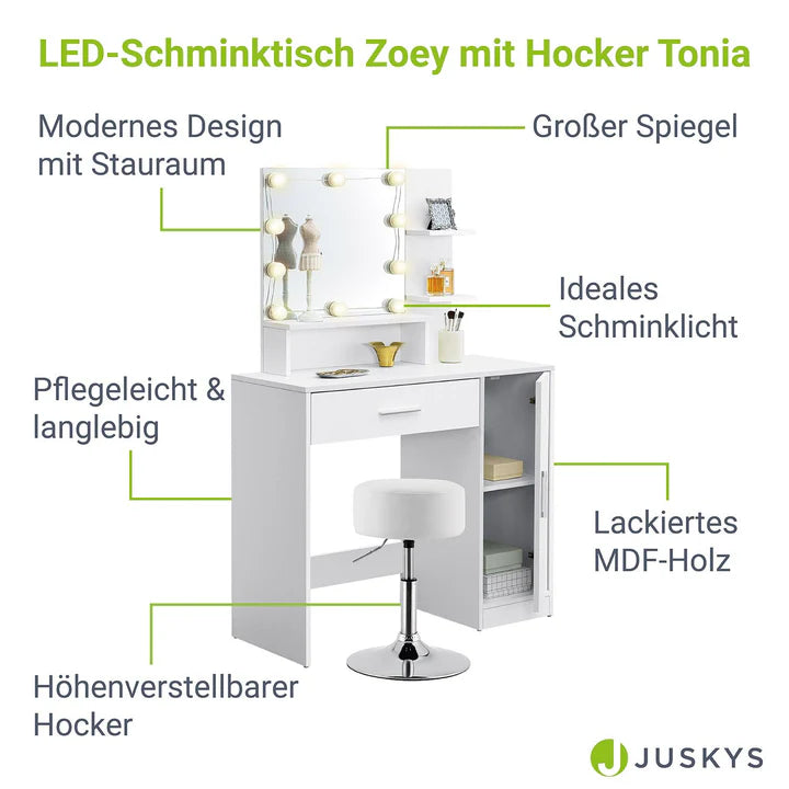 Schminktisch Zoey mit LED & Hocker Tonia - Palo24