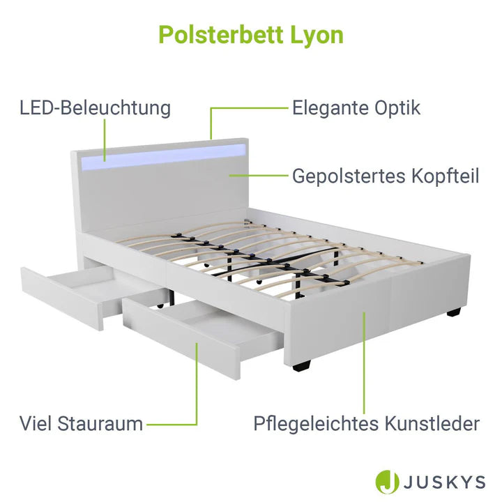 LED Polsterbett Lyon mit Bettkasten 140 x 200 cm - weiss