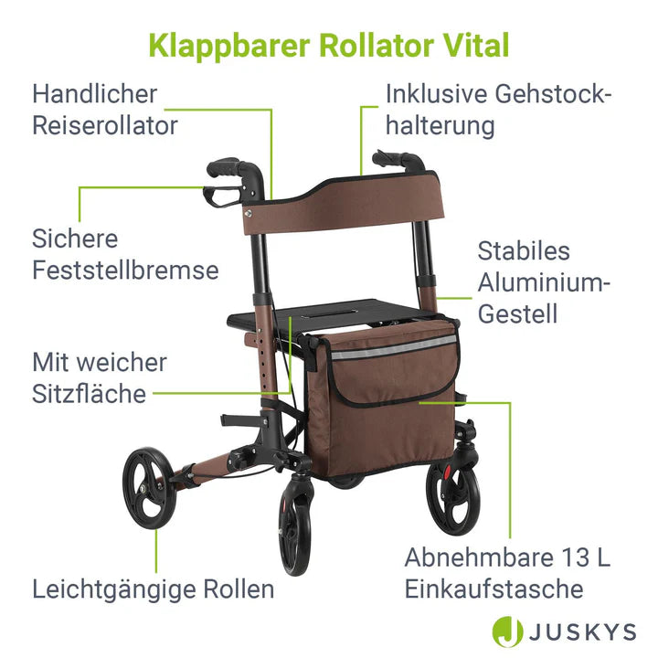 Aluminium Rollator Vital klappbar mit Sitzfläche & Einkaufstasche in braun
