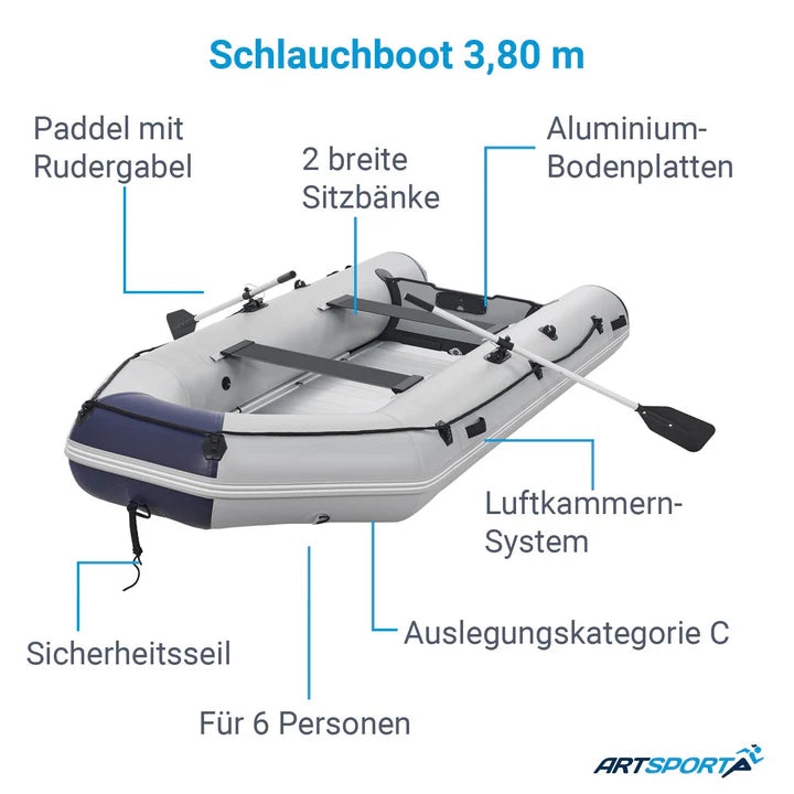Schlauchboot Paddelboot grau mit Aluboden - 3,80m inkl. Verzollungsnachweiss