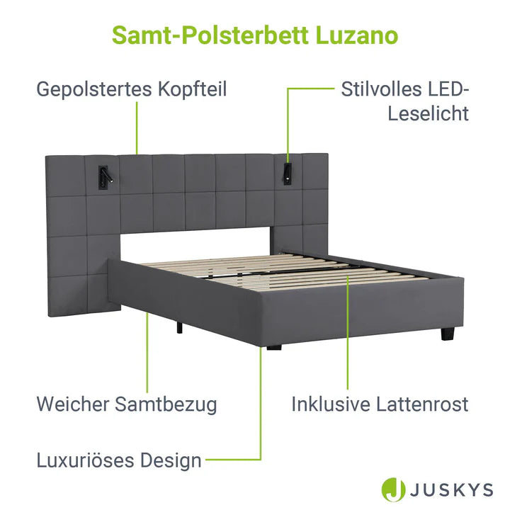Polsterbett 140x200 cm Luzano - LED Lattenrost & Kopfteil - Samt Schwarz - Palo24