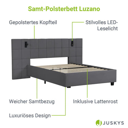 Polsterbett 140x200 cm Luzano - LED Lattenrost & Kopfteil - Samt Schwarz - Palo24