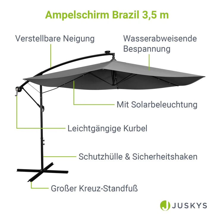 Parasol Brazil Ø 3,5m avec LED, manivelle et base gris foncé