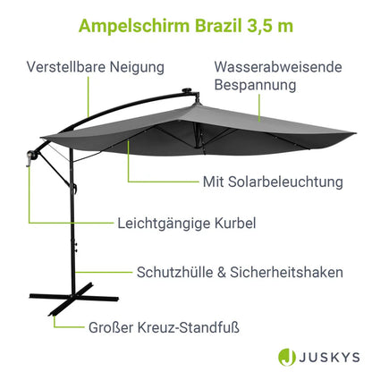 Parasol Brazil Ø 3,5m avec LED, manivelle et base gris foncé
