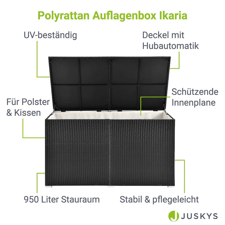 Contenitore per cuscini in polyrattan Ikaria nero con coperchio 950 litri