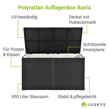 Contenitore per cuscini in polyrattan Ikaria nero con coperchio 950 litri