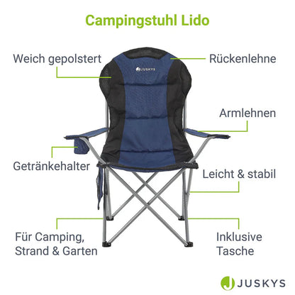 Chaise de camping Lido bleue, chaise pliante rembourrée avec porte-gobelet et sac