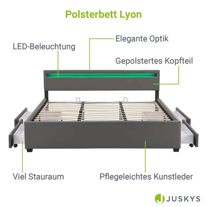LED Polsterbett Lyon mit Bettkasten 180 x 200 cm - dunkelgrau