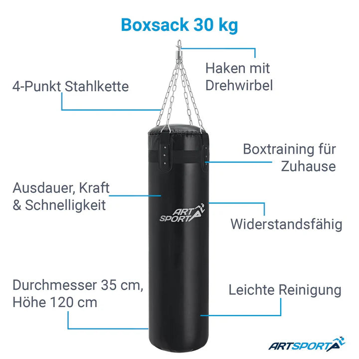 Sac de frappe 30kg avec chaîne en acier 4 points et mousqueton