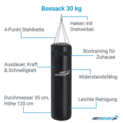 Sac de frappe 30kg avec chaîne en acier 4 points et mousqueton