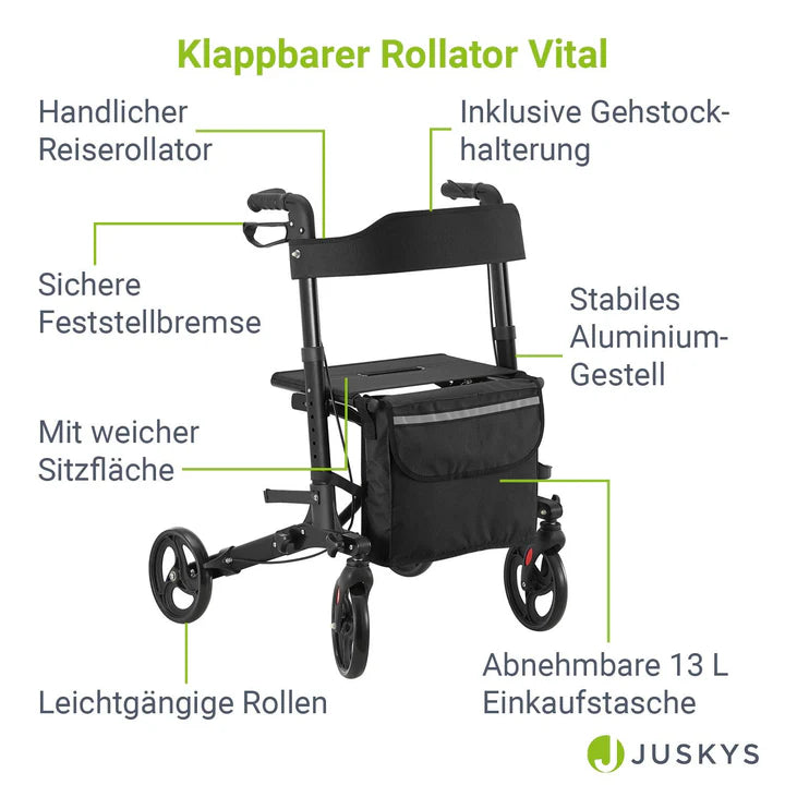 Aluminium Rollator Vital klappbar mit Sitzfläche & Einkaufstasche in schwarz