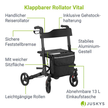 Aluminium Rollator Vital klappbar mit Sitzfläche & Einkaufstasche in schwarz