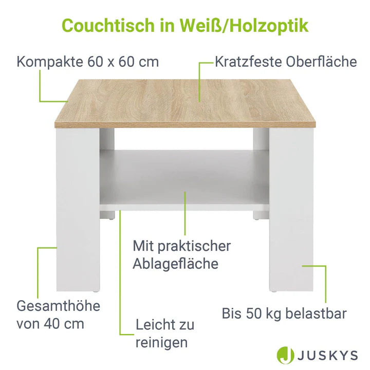 Couchtisch in Weiss mit Holzoptik 60x60 cm