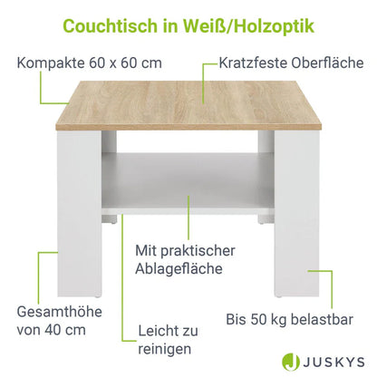Couchtisch in Weiss mit Holzoptik 60x60 cm