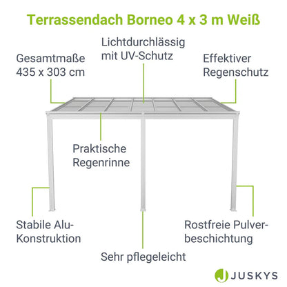 Toit de terrasse en aluminium Borneo 4x3m avec panneaux doubles blanc / transparent