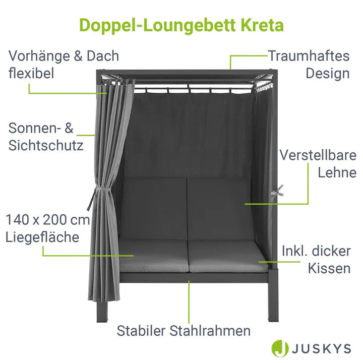 Transat double lounge bed Crète - transat avec toit en gris