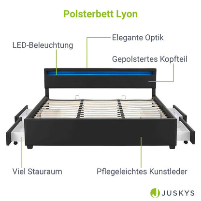 Polsterbett Lyon mit Bettkasten 180 x 200 cm LED-Beleuchtung und Lattenrost schwarz