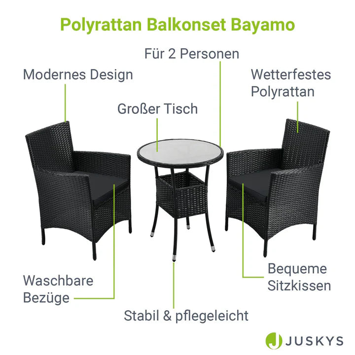 Set da balcone in polyrattan da 3 pezzi Bayamo nero/grigio
