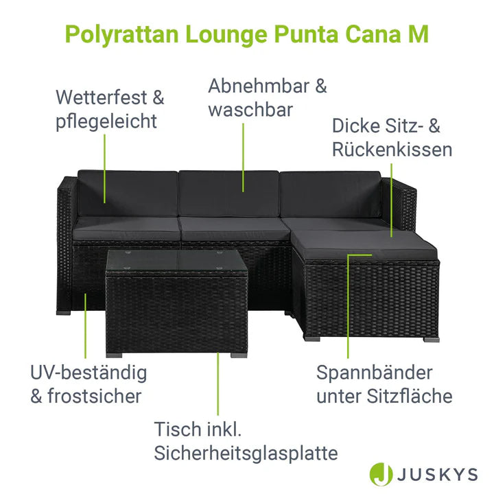 Polyrattan Lounge Punta Cana M set di sedute nere con 1 tavolo, 1 divano e 1 sgabello