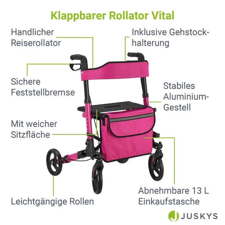 Rollator in alluminio Vital pieghevole con seduta e borsa per la spesa in viola