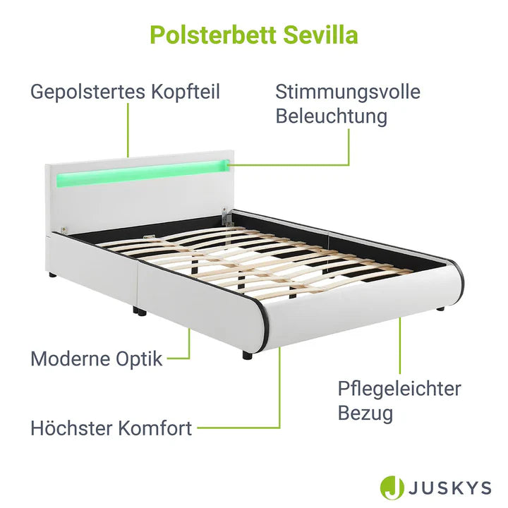 LED Polsterbett Sevilla 140 x 200 cm Lattenrost weiss