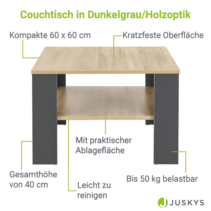 Couchtisch in Grau mit Holzoptik 60x60 cm