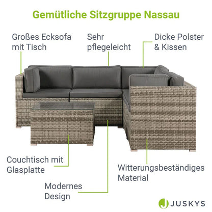 Polyrattan Lounge Sitzgruppe Nassau beige-grau mit Bezügen in Dunkelgrau