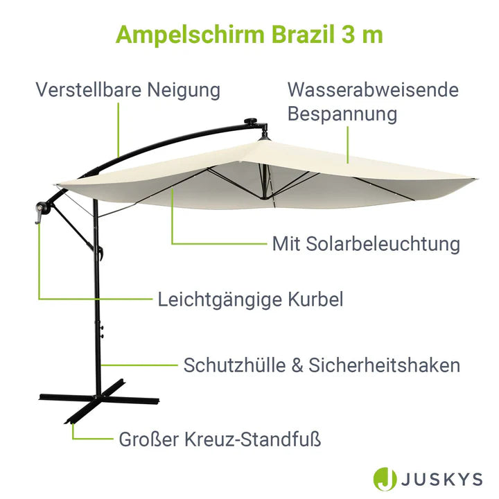 Ampelschirm Brazil Ø 3,0m mit LED, Kurbel und Standfuß in dunkelgrau und creme