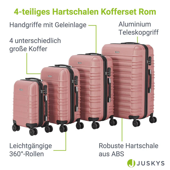Set de valises rigides Rome - Set rose 4 pièces avec coque rigide en ABS résistant aux chocs et roues 360°