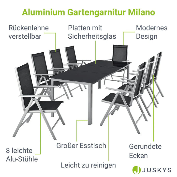 Aluminium Gartengarnitur Milano 9-teilig mit Tisch und 8 Stühlen silbergrau