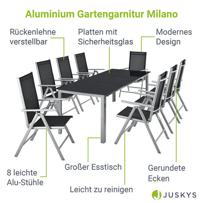 Aluminium Gartengarnitur Milano 9-teilig mit Tisch und 8 Stühlen silbergrau