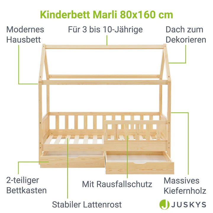 Letto per bambini Marli 80 x 160 cm con cassone e rete a doghe naturale