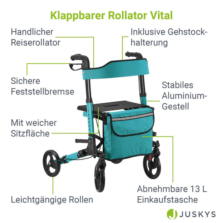 Aluminium Rollator Vital klappbar mit Sitzfläche & Einkaufstasche in petrol